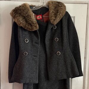 Vintage Miss La Plume Wool Suit Set Fur Collar Jacket Skirt 60s 70s Mod